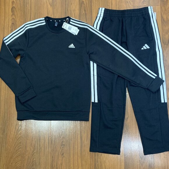 adidas Men 2pc Set Crew Neck Sweater PANTS Tracksuit Black Activewear Size M New - Picture 1 of 5